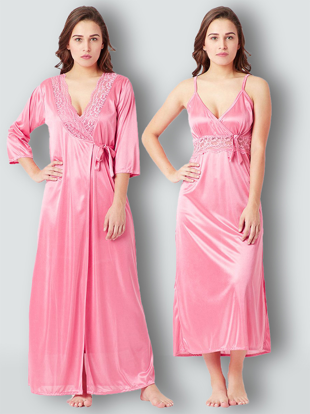 Romaisa Women Pink Maxi Nighty with Robe