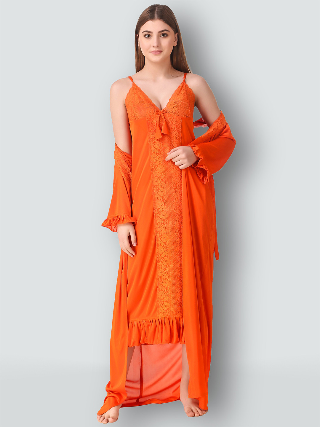 Romaisa Orange Maxi Nightdress with Robe