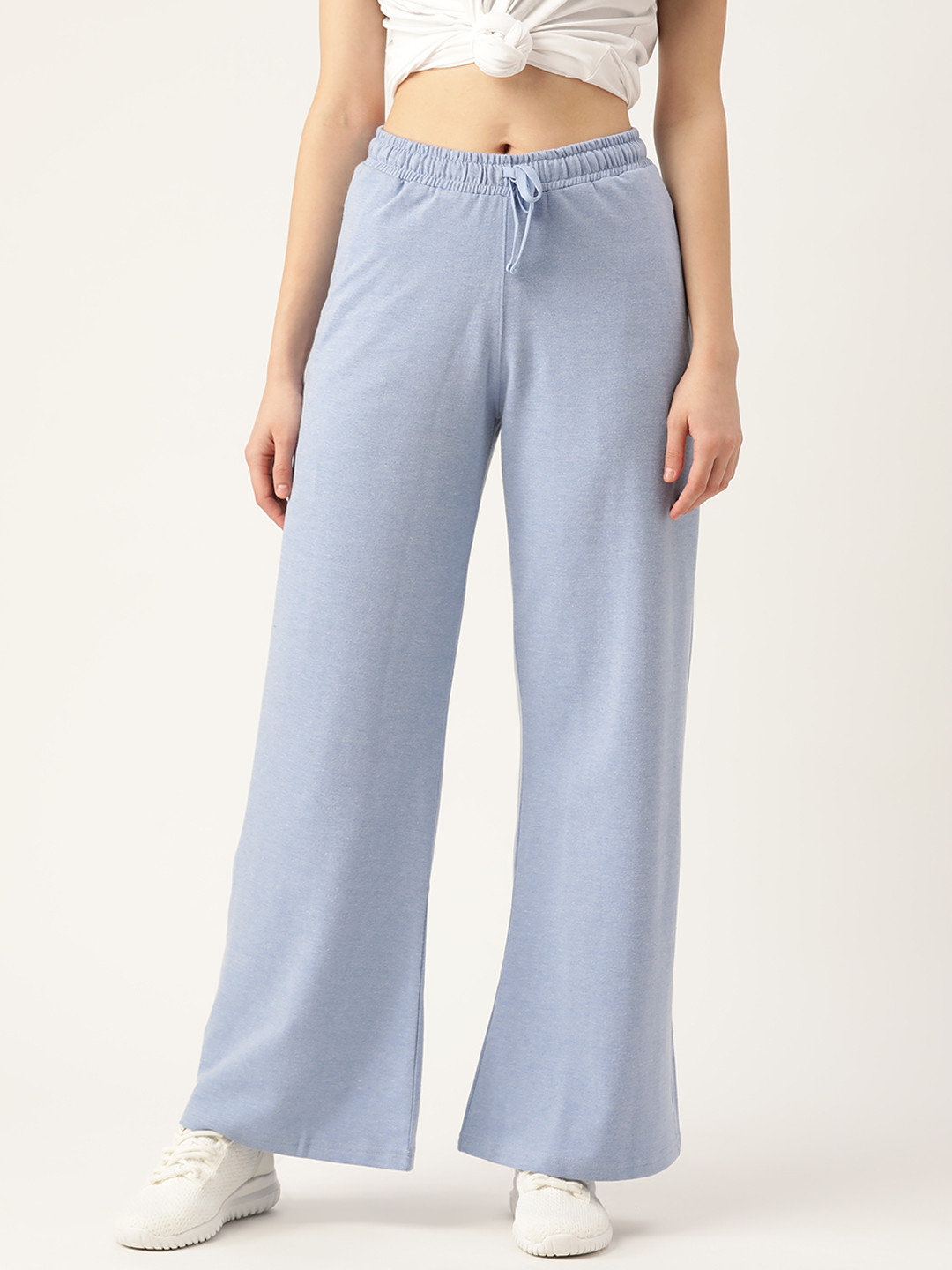FEMEA Women Blue Solid Cotton Wide Leg Track Pants