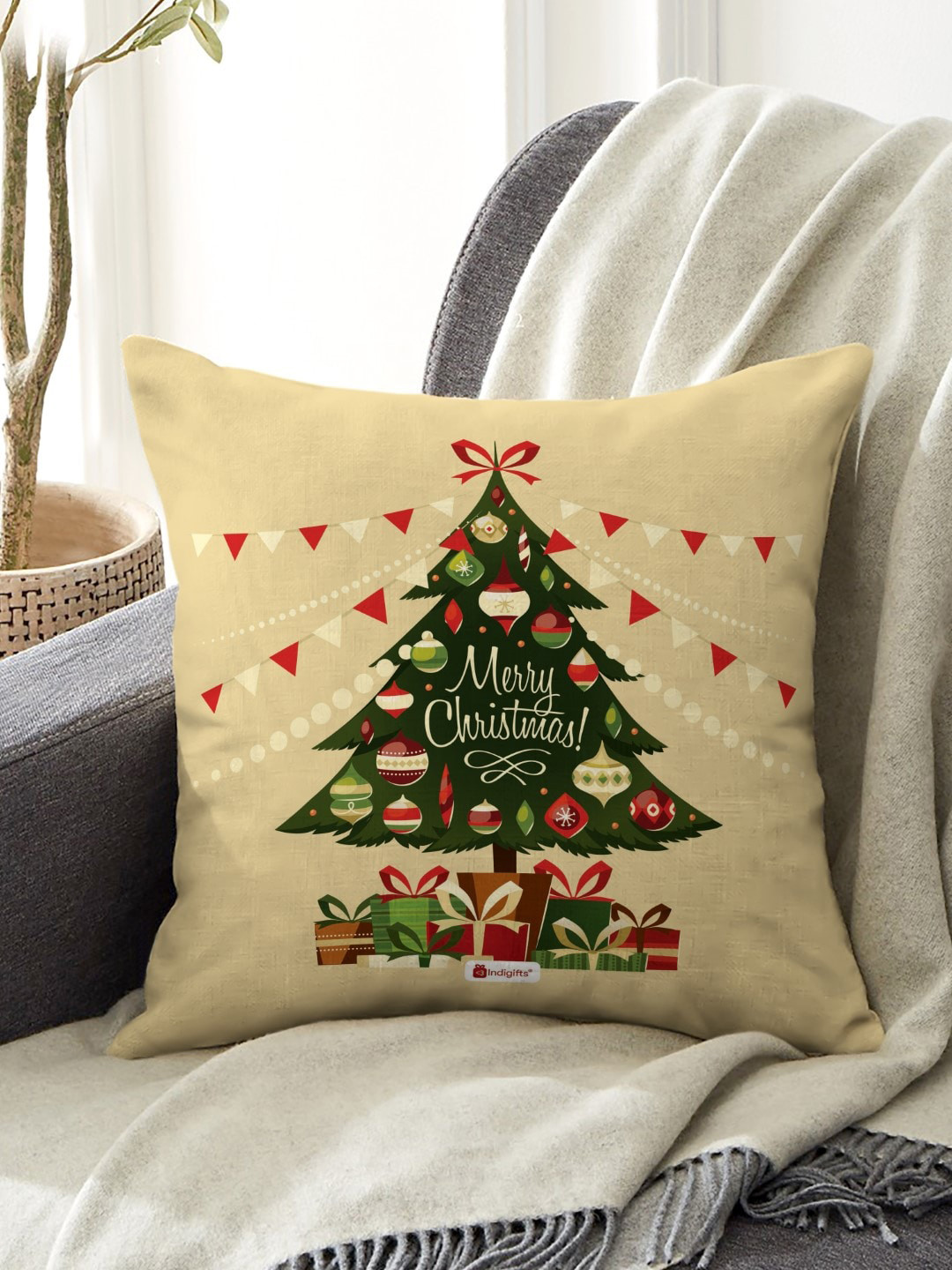 Indigifts Beige & Green Digital Christmassy Print Cushion Cover