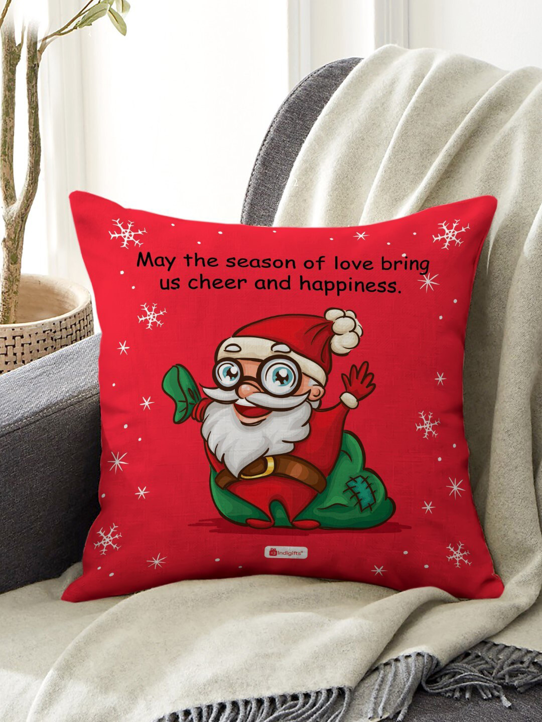 Indigifts Red & White Printed Cushion Cover With Filler 12x12 inches