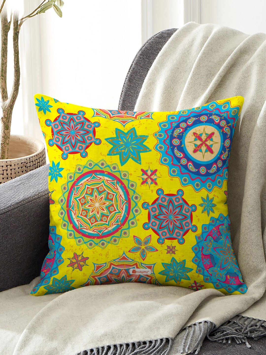 Indigifts Yellow & Blue Printed Square Cushion Cover