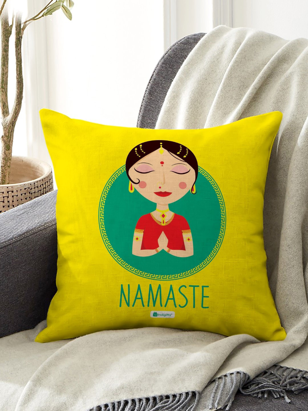Indigifts Yellow Namaste Printed Cushion Cover With Filler