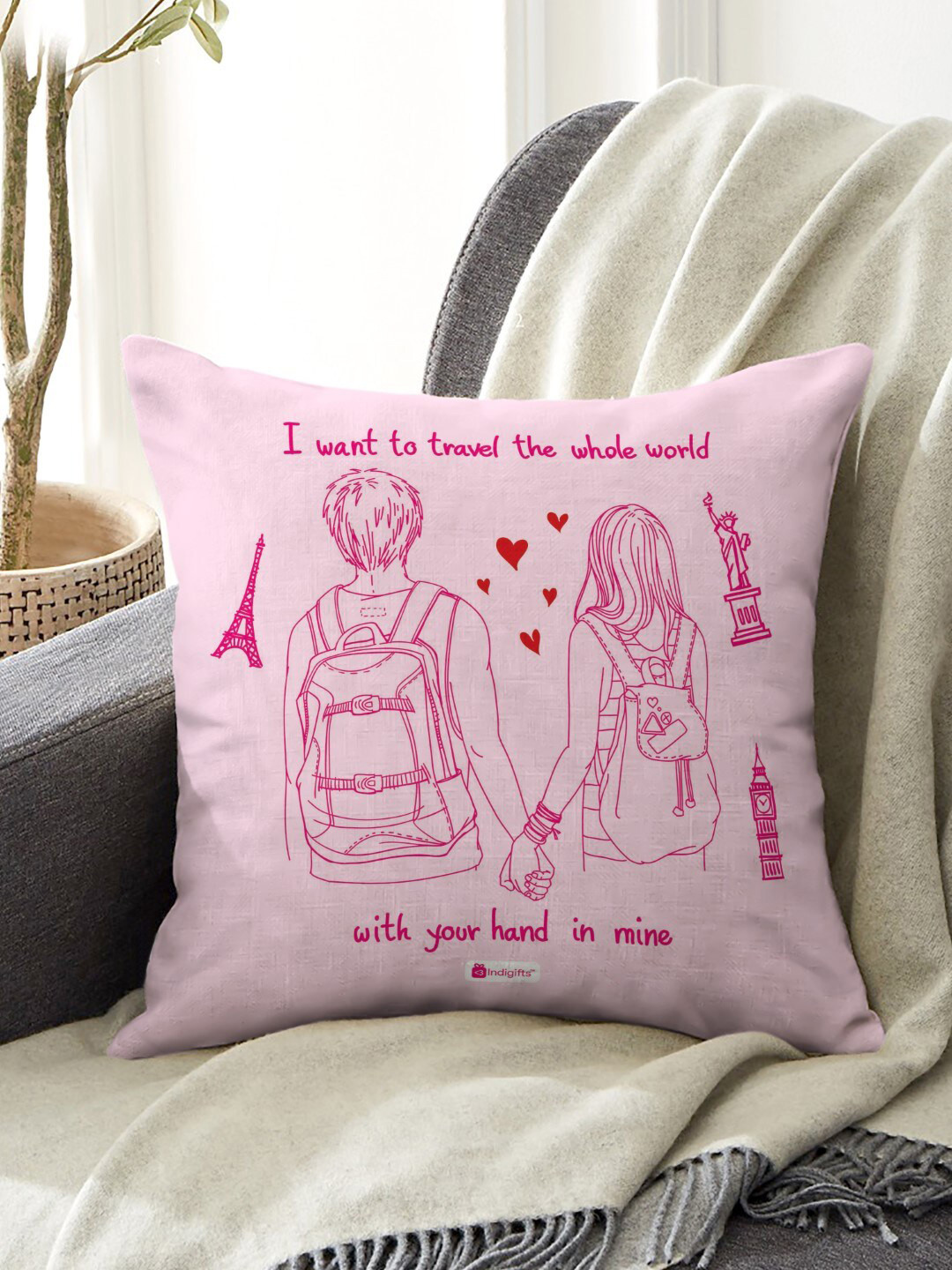 Indigifts Unisex Pink Graphic Printed Cushion Cover With Filler