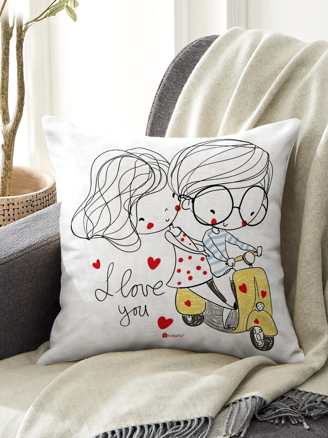 Indigifts White Printed Square Love Quote Printed Cushion