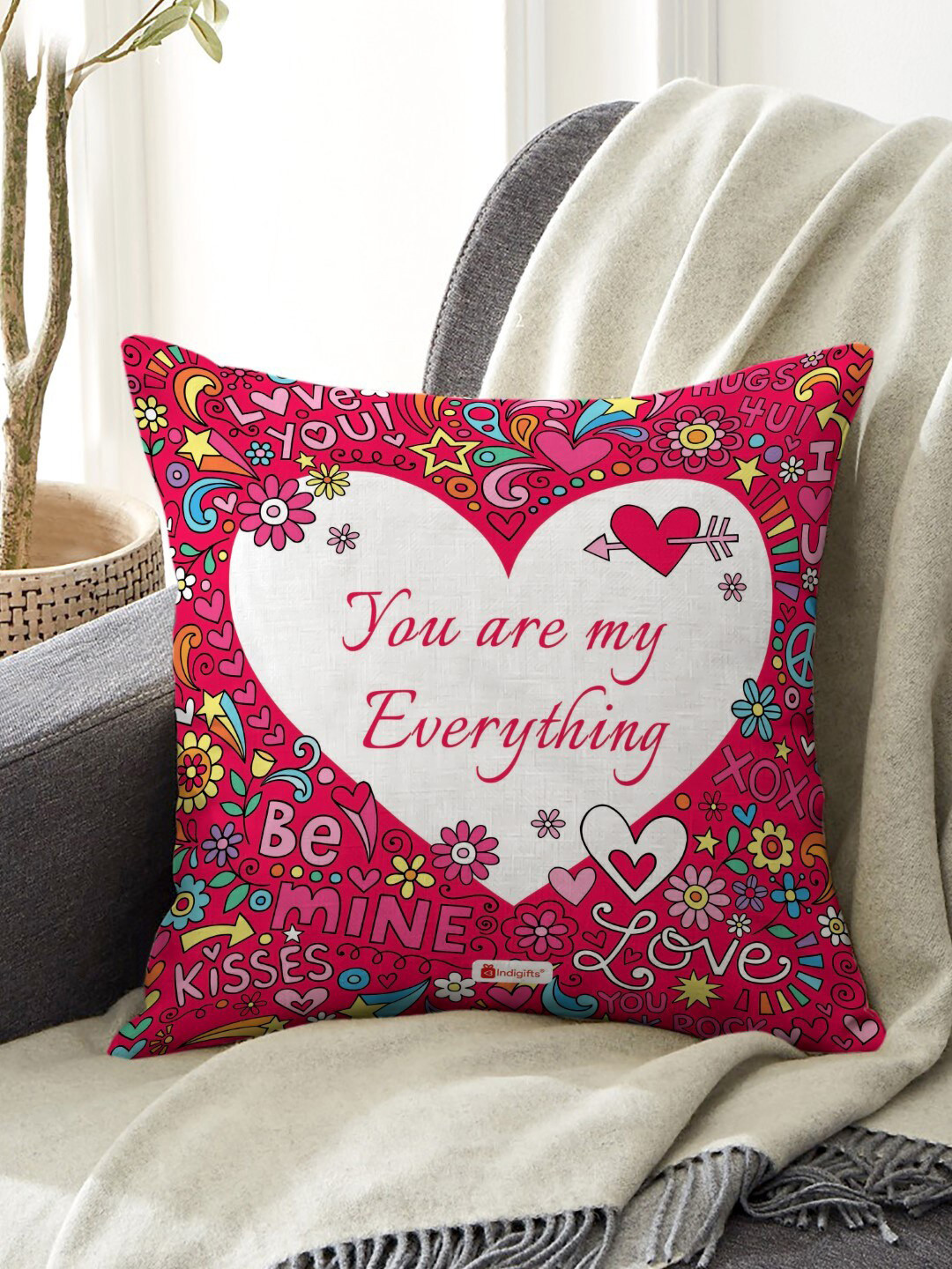 Indigifts Pink & White You Are My Everything Printed Cushion With Filler