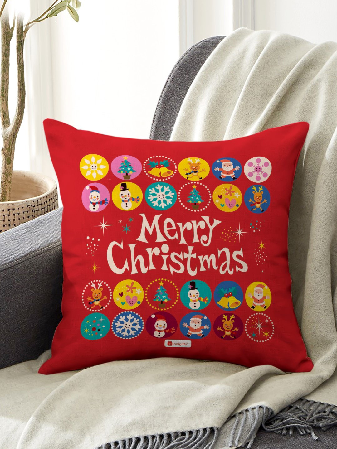 Indigifts Red Merry Christmas Printed Cushion Cover With Filler