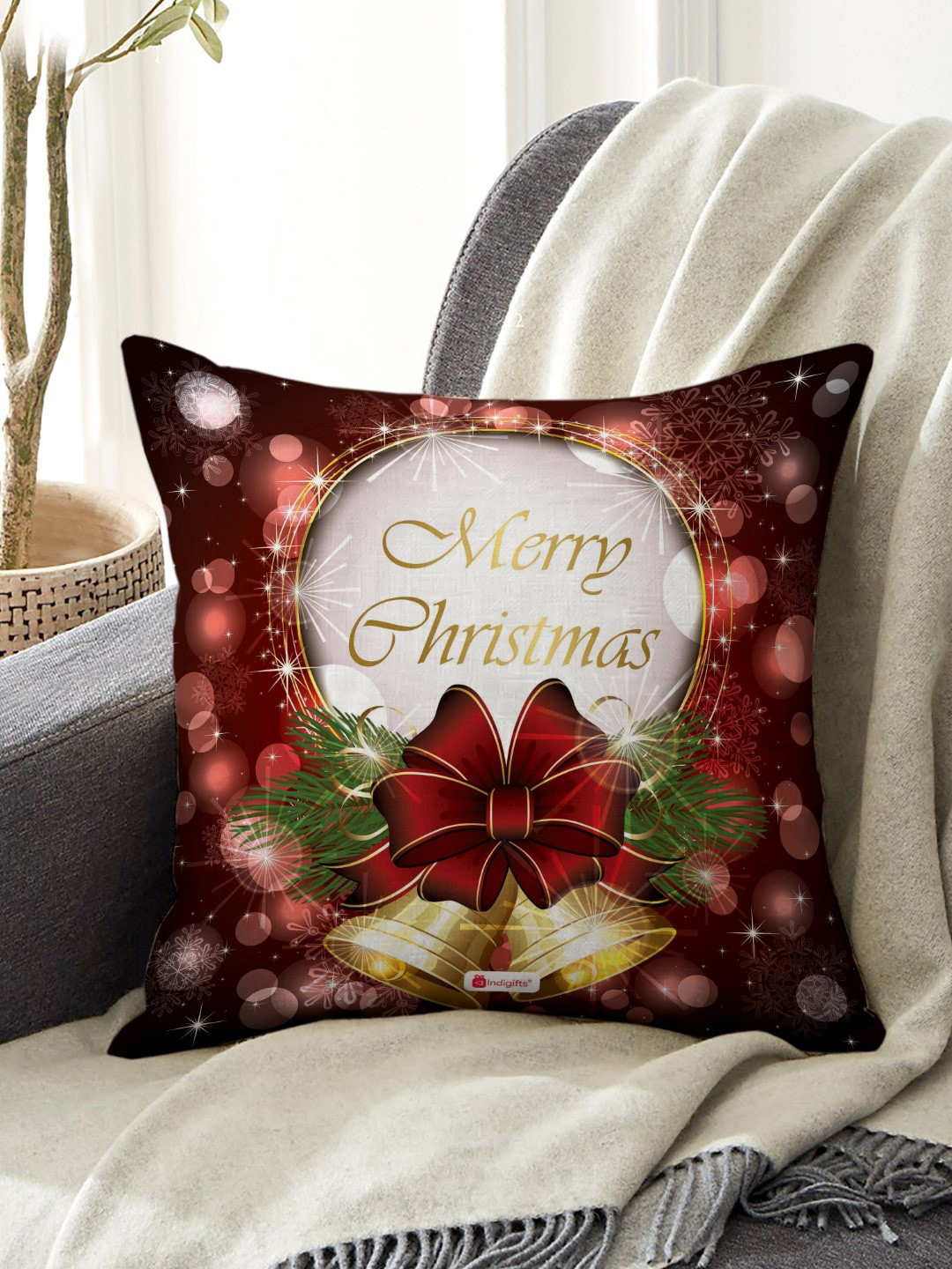 Indigifts Brown Merry Christmas Quotes Printed Cushion Cover