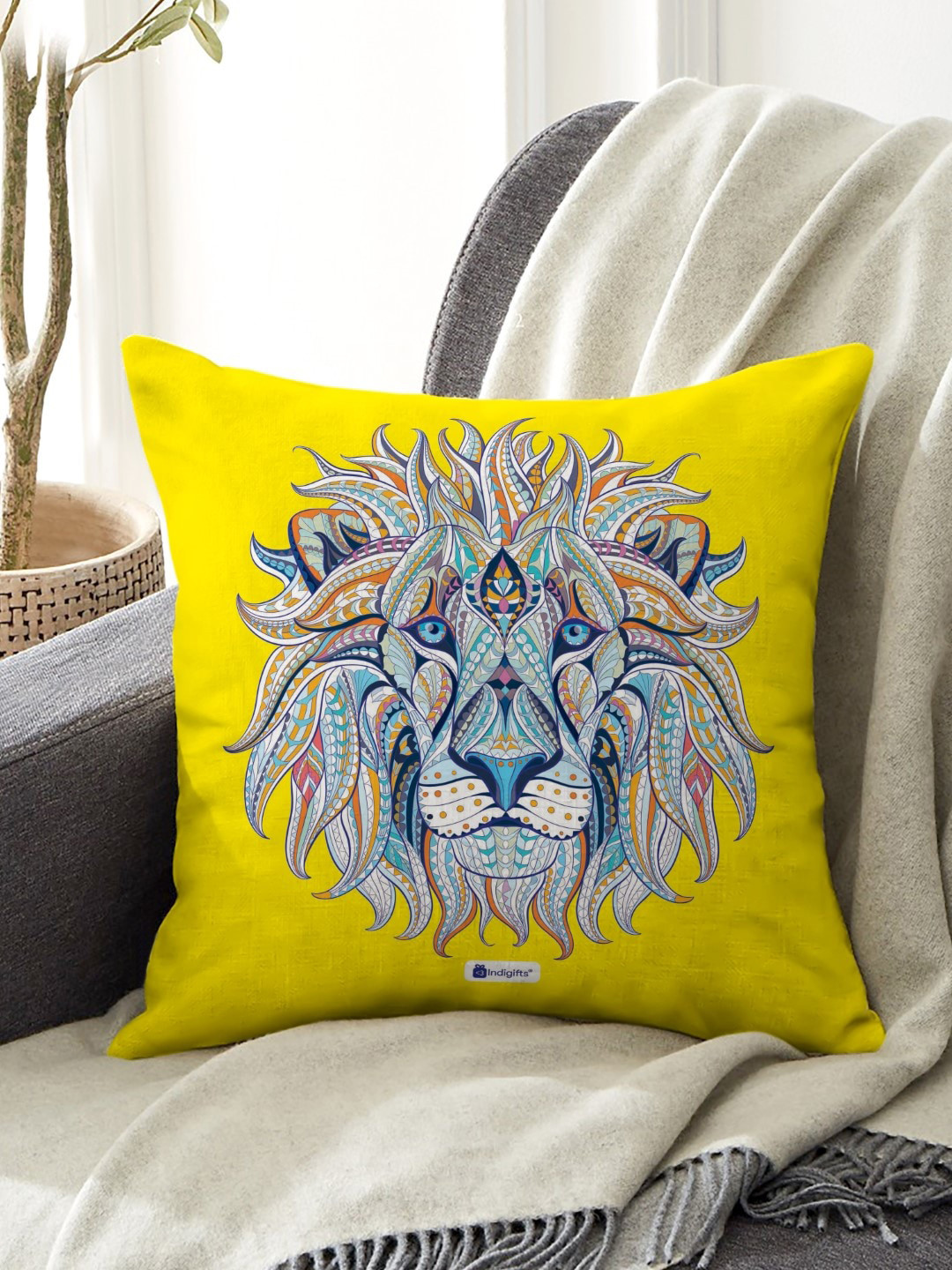 Indigifts Small Lion Animal Print Micro Satin Fibre Cushion with Filler