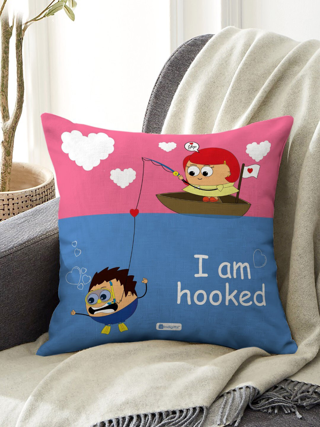 Indigifts Unisex Blue & Pink I am Hooked Printed Cushion Cover With Filler