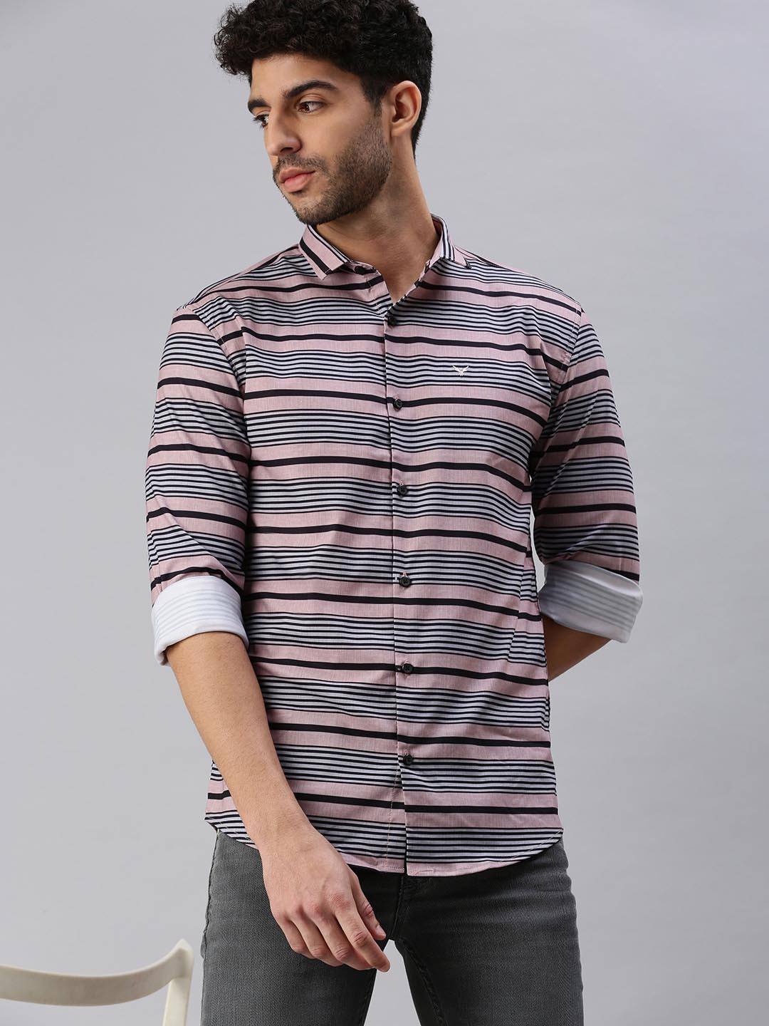 SHOWOFFFF Men Peach-Coloured Comfort Horizontal Striped Pure Cotton Casual Shirt