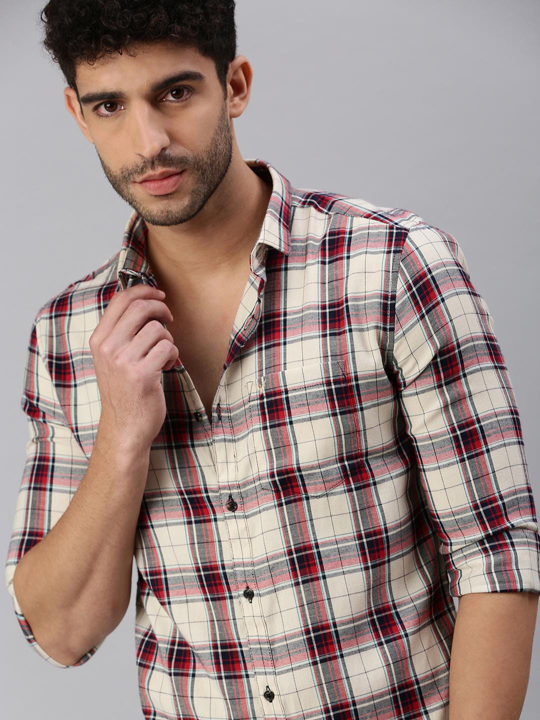SHOWOFFFF Men Cream-Coloured Comfort Tartan Checks Checked Casual Shirt