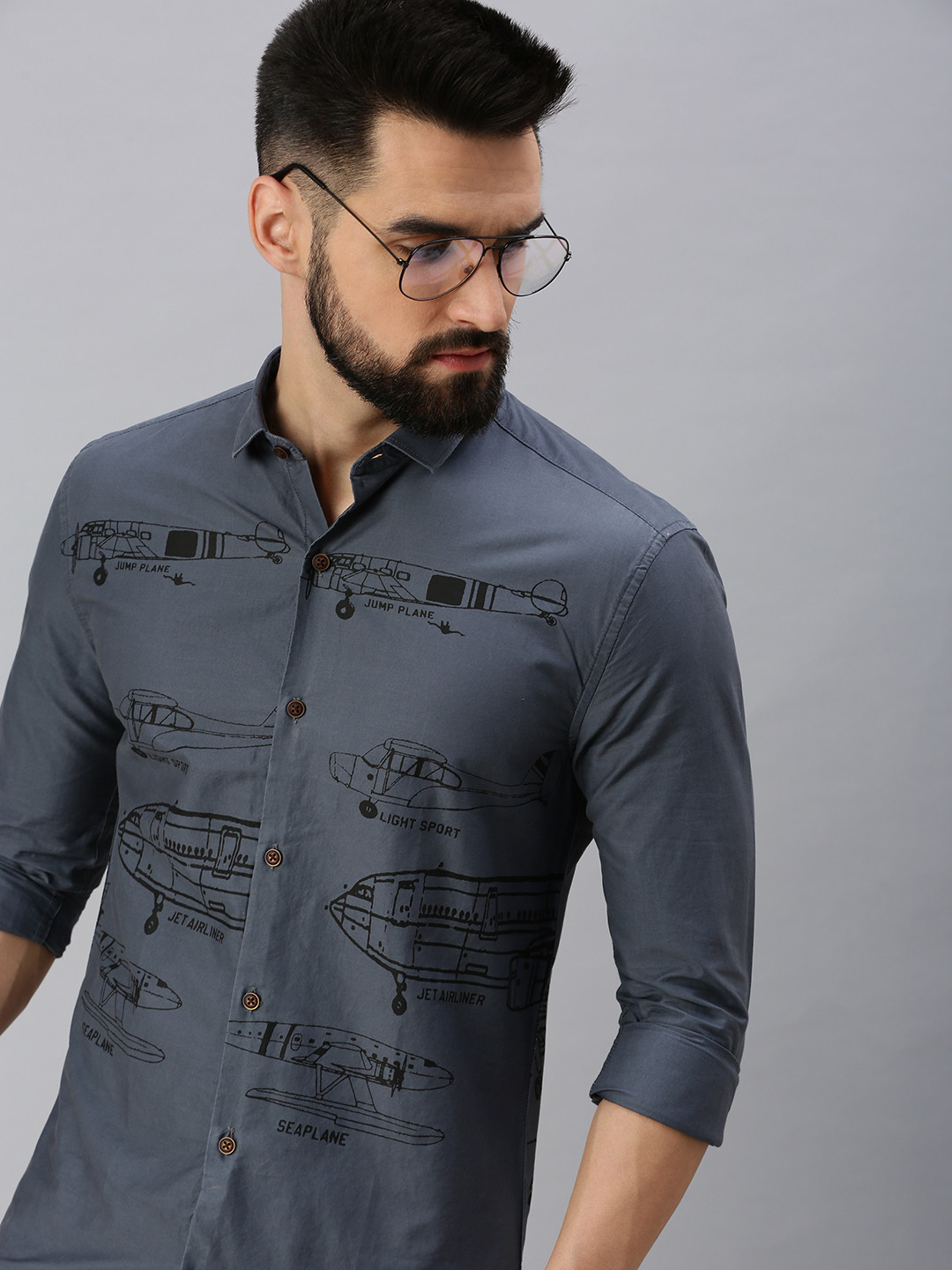 SHOWOFFFF Men Grey Comfort Printed Casual Shirt