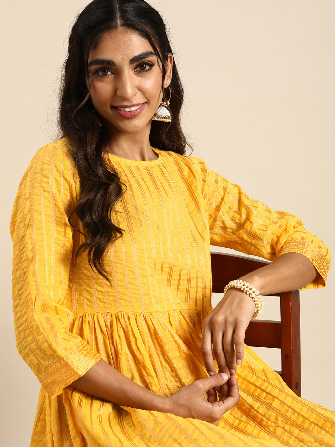 Sangria Women Yellow Striped Pure Cotton Ethnic Dress