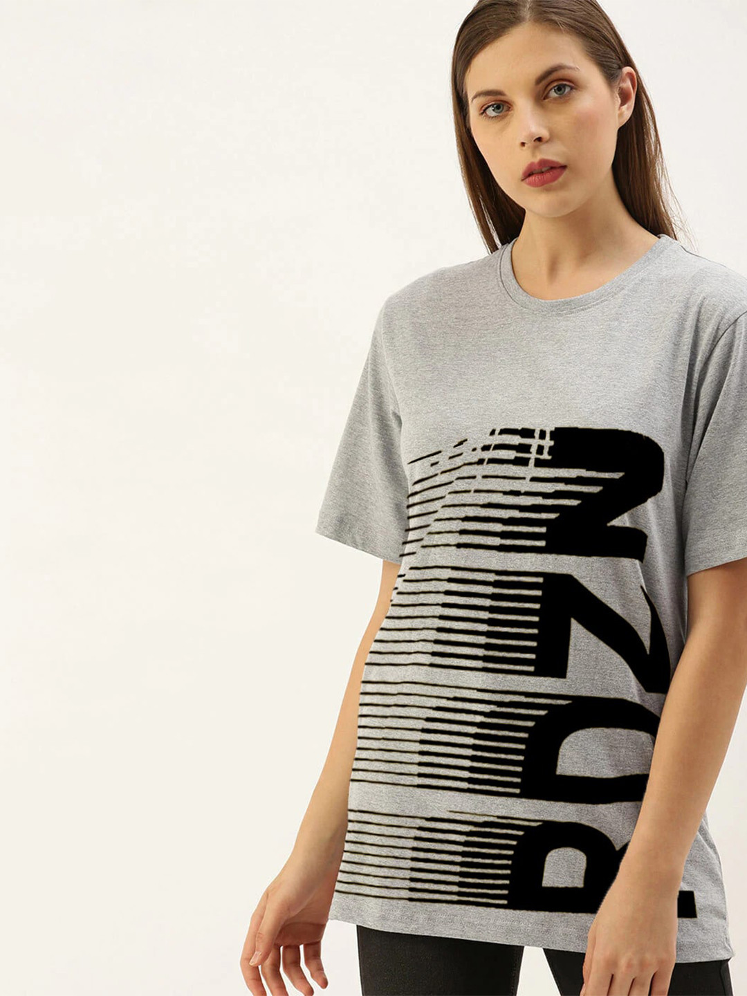 Rodzen Women Grey Printed Oversized T-shirt