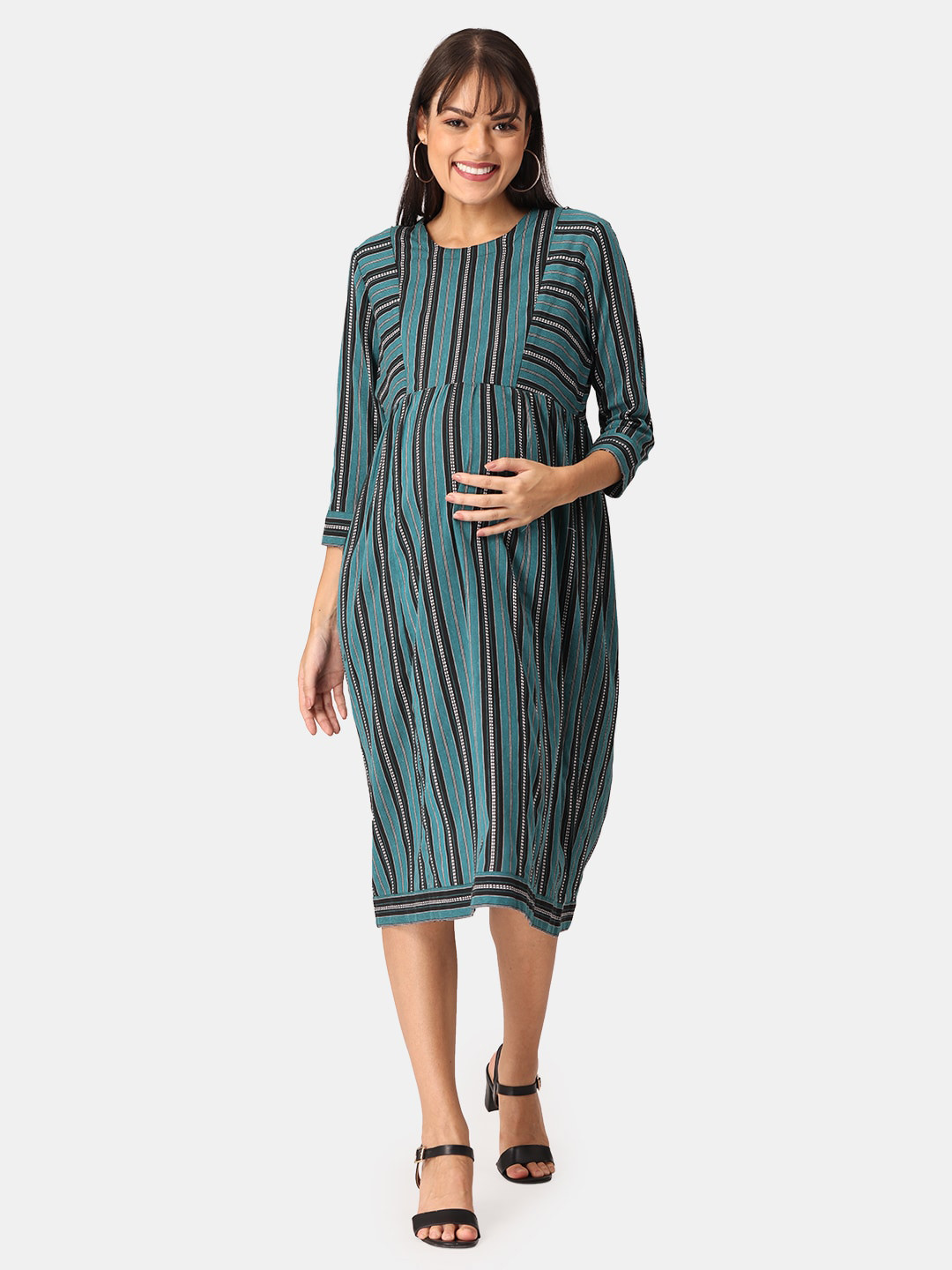 The Mom Store Teal Striped Maternity A-Line Midi Dress
