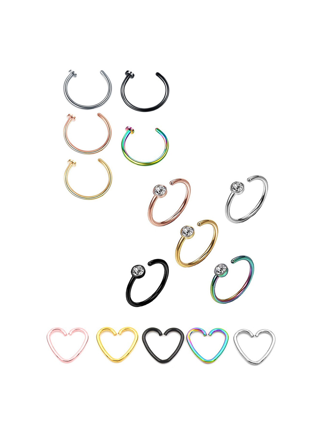 Yellow Chimes Set of 15 Non-Piercing Stainless Steel Nose Rings