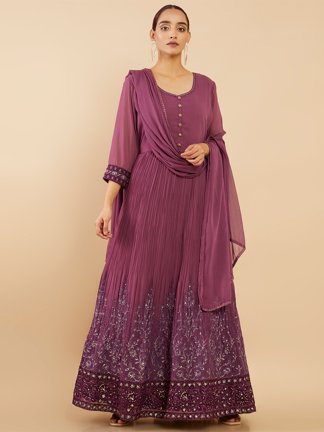 Soch Magenta Georgette Ethnic Maxi Dress With Pant & Dupatta
