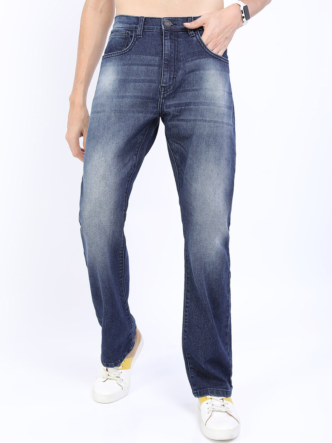 HIGHLANDER Men Blue Bootcut Mildly Distressed Heavy Fade Stretchable Jeans