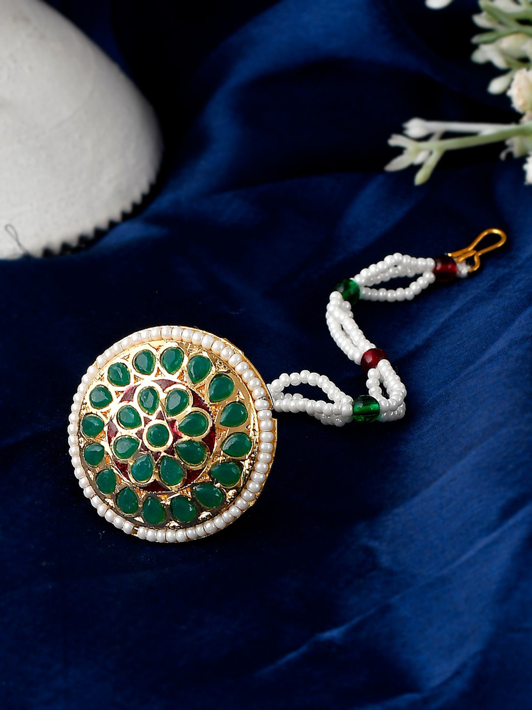 Silvermerc Designs Gold Plated & Green Studded Rajputi Borla Maangtika
