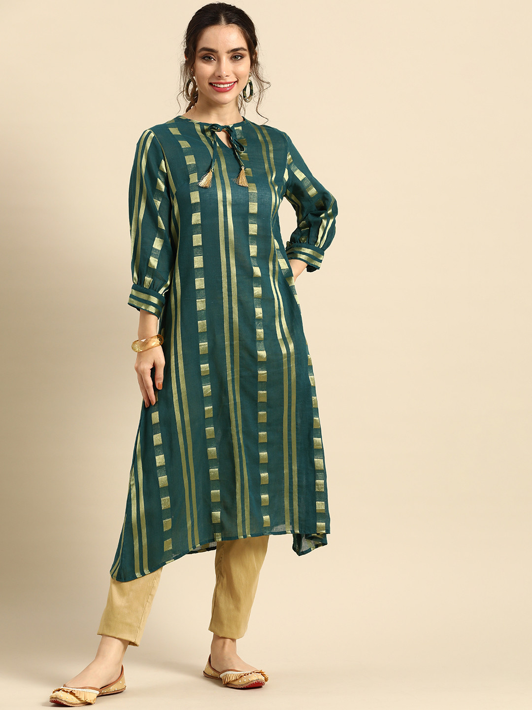 Sangria Women Green Woven Design Puff Sleeves Kurta with Tie-Ups Detail