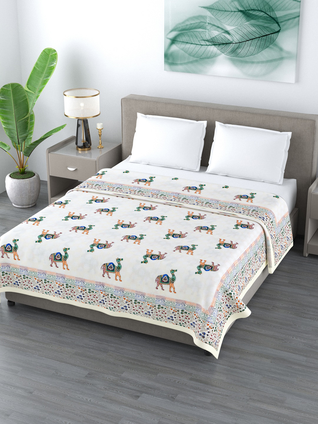 LIVING ROOTS White & Blue Ethnic Motifs AC Room 210 GSM Double Bed Dohar