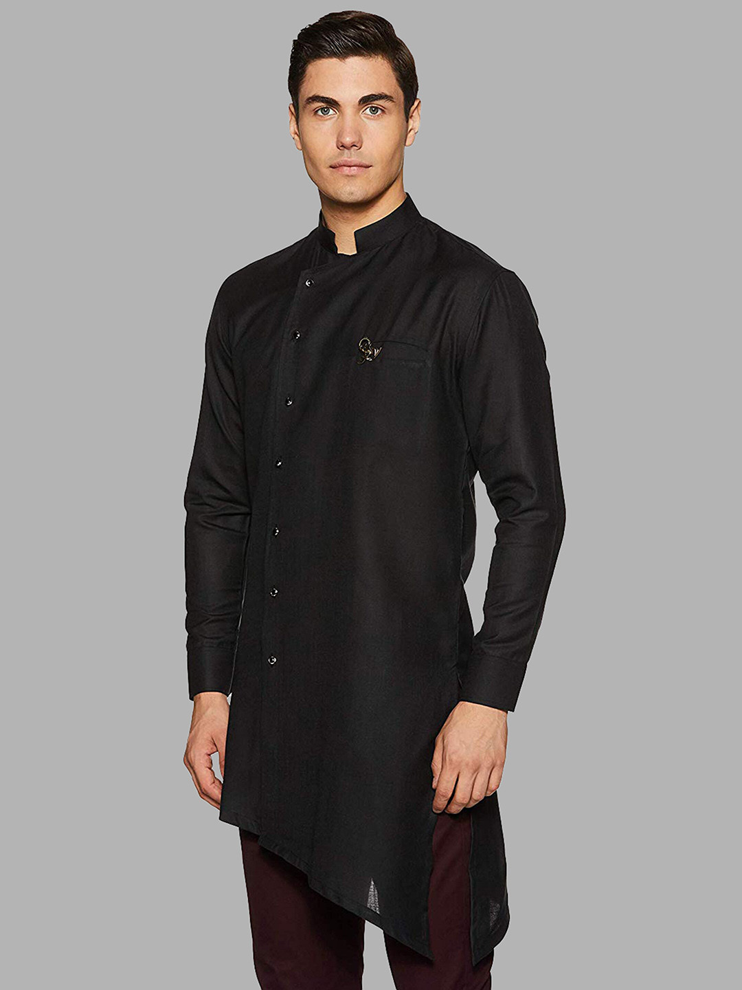 ROYAL KURTA Men Black Solid Cotton Angrakha Kurta