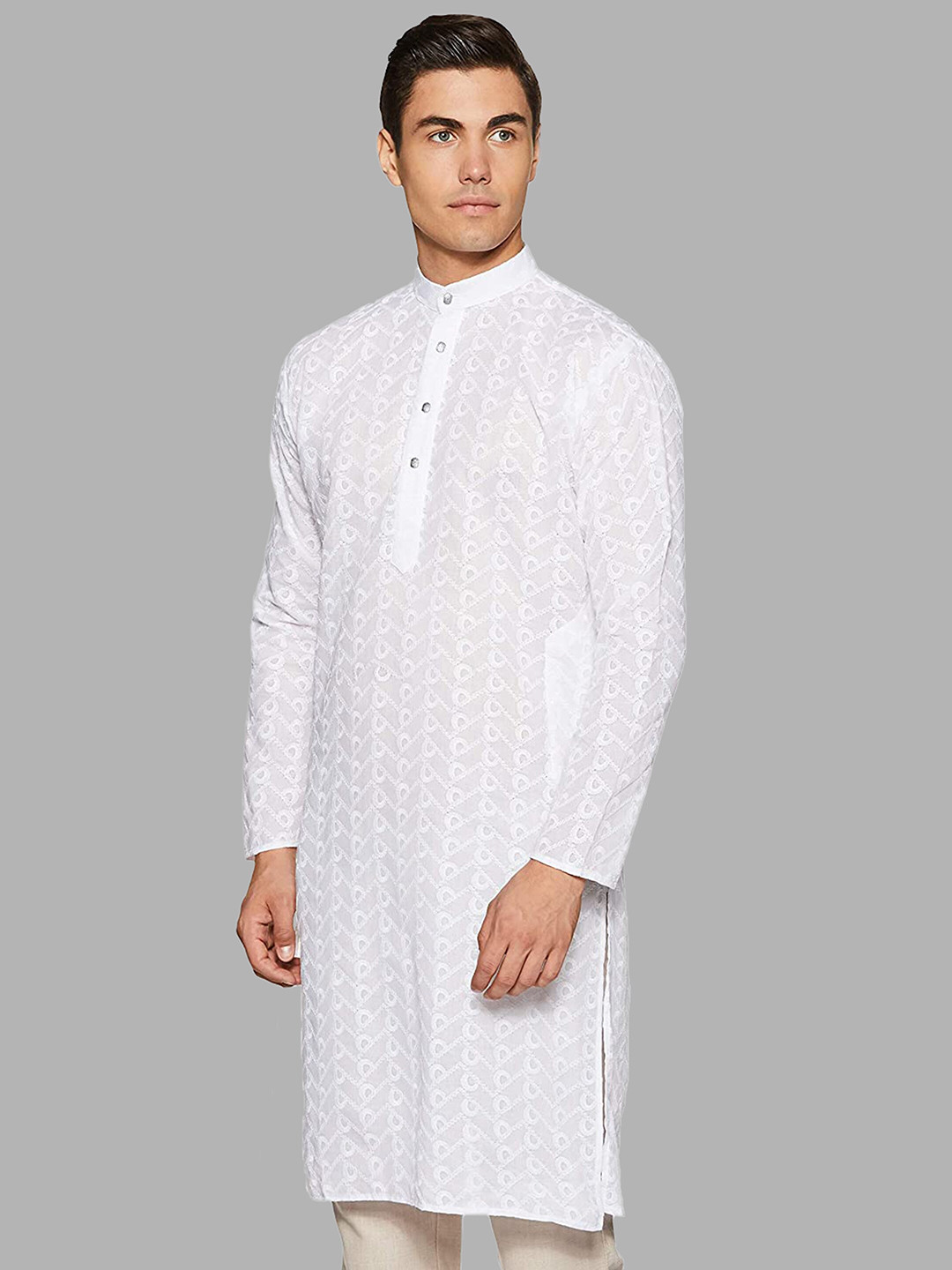 ROYAL KURTA Men White Embroidered Chikankari Cotton Straight Kurta