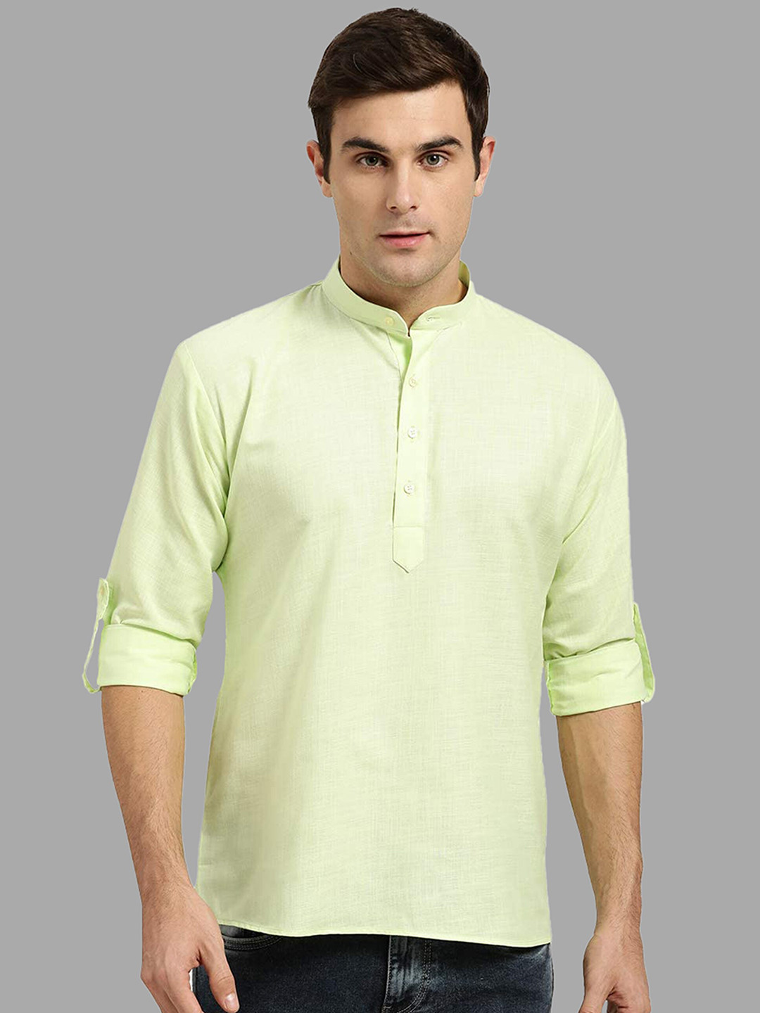 ROYAL KURTA Men Lime Green Solid Cotton Short Kurta