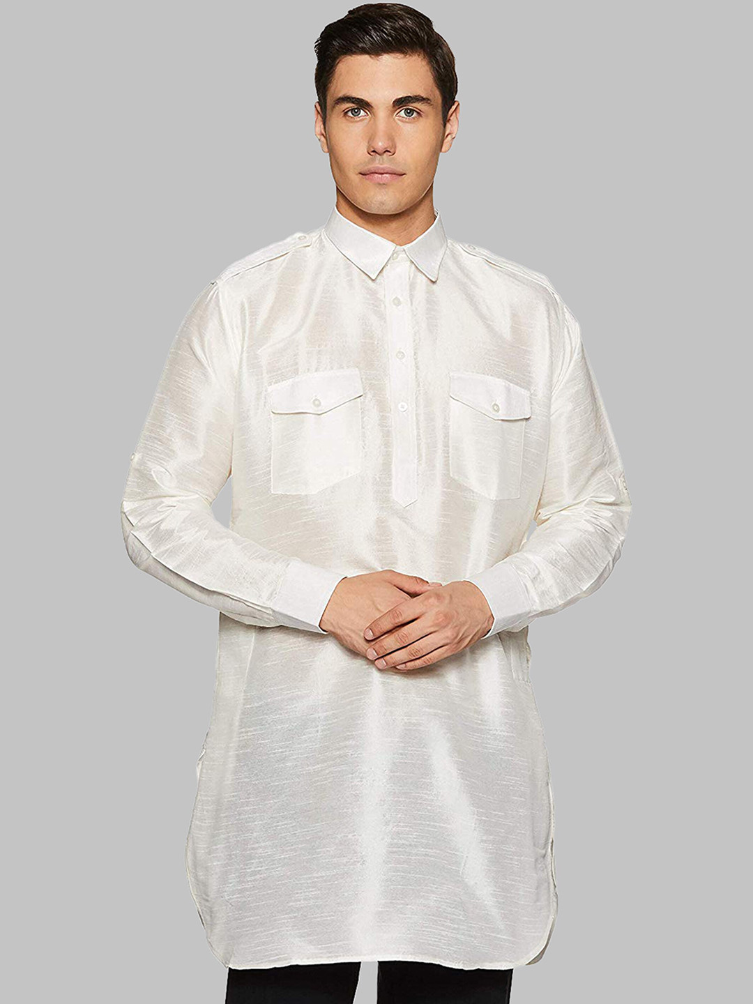 ROYAL KURTA Men White Solid Silk Blend Pathani Kurta