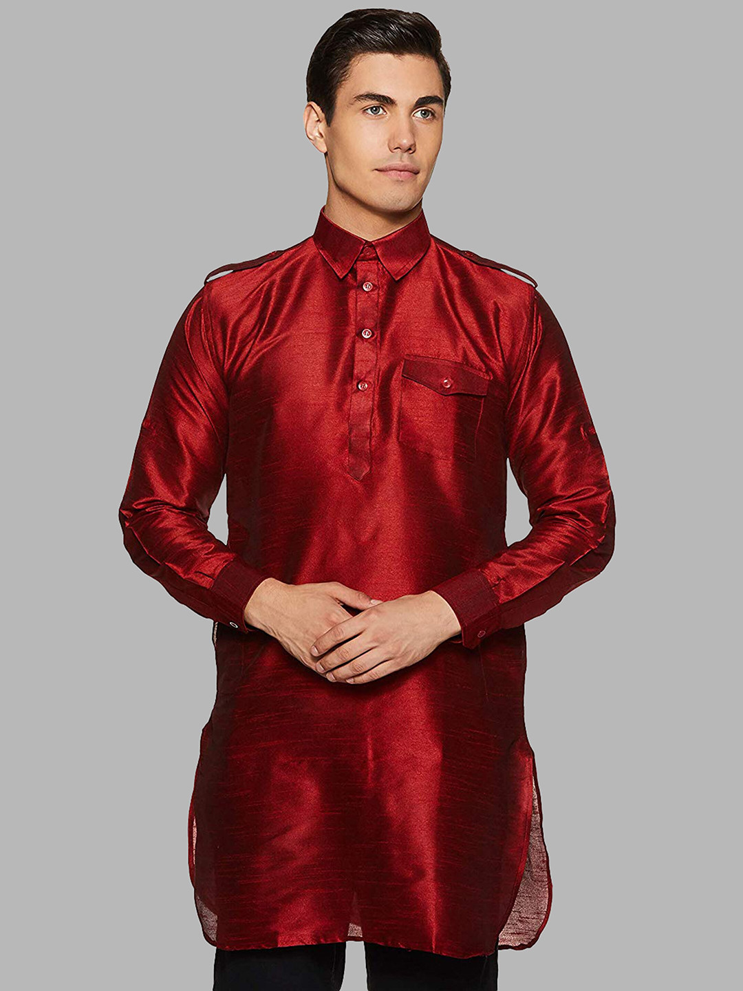 ROYAL KURTA Men Red Solid Pathani Kurta