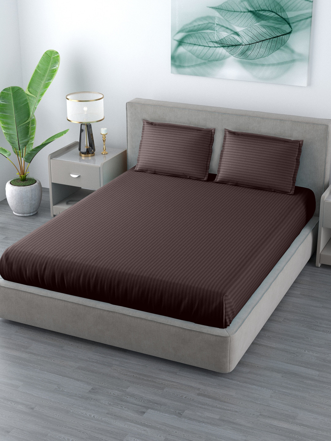 LIVING ROOTS Brown Striped Polycotton 144 TC King Bedsheet with 2 Pillow Covers-254 x 229 cm