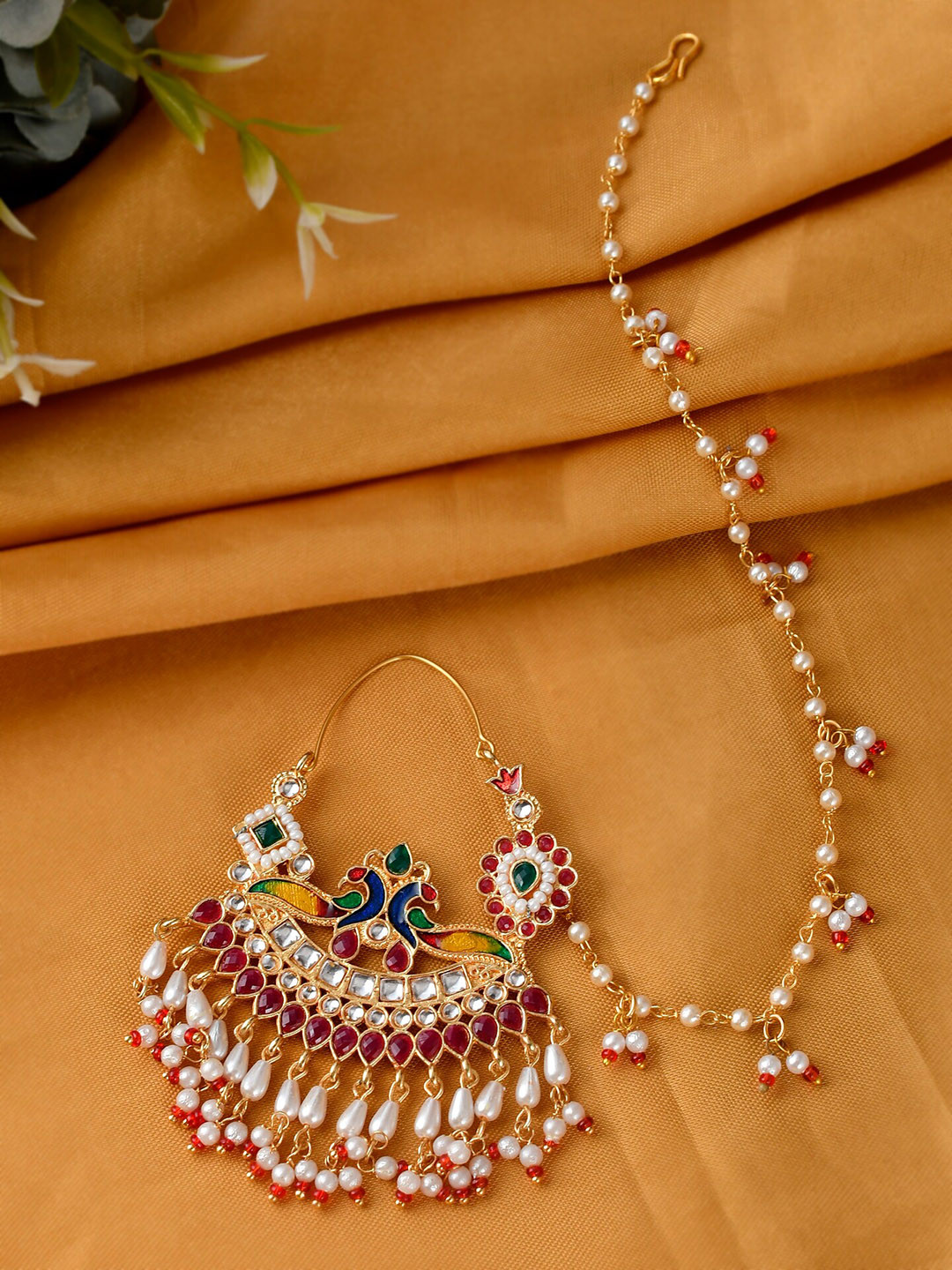 Silvermerc Designs Gold Plated & Red Kundan Chained Nosepin