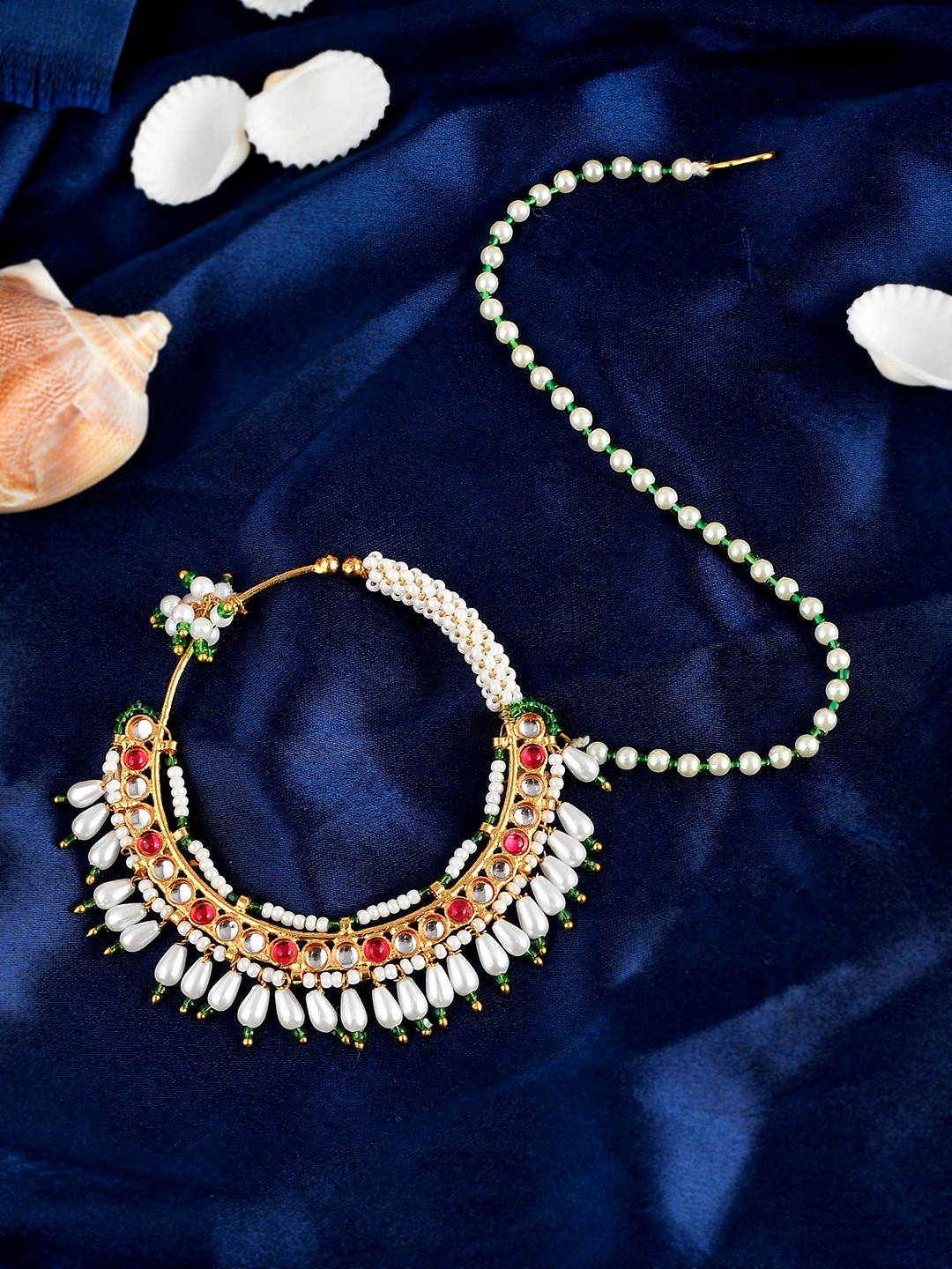 Silvermerc Designs Gold-Plated & Green Kundan Nose Ring