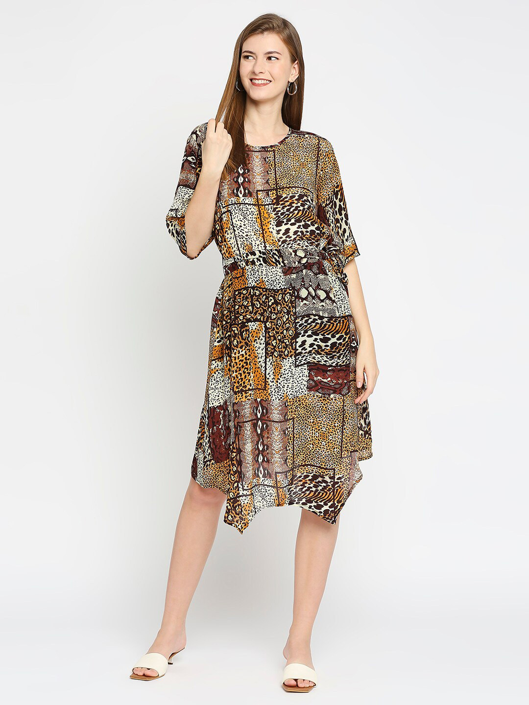 Cloth Haus India Women Brown Animal Printed A-Line Dress