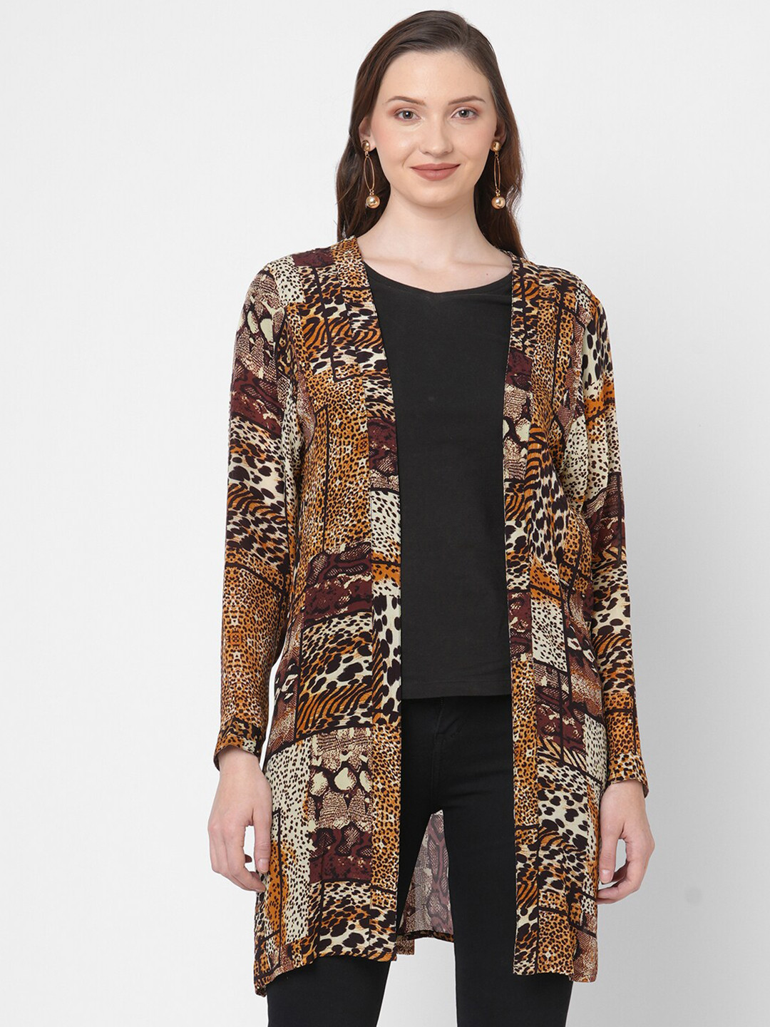 Cloth Haus India Women Brown Longline Open Front Jacket