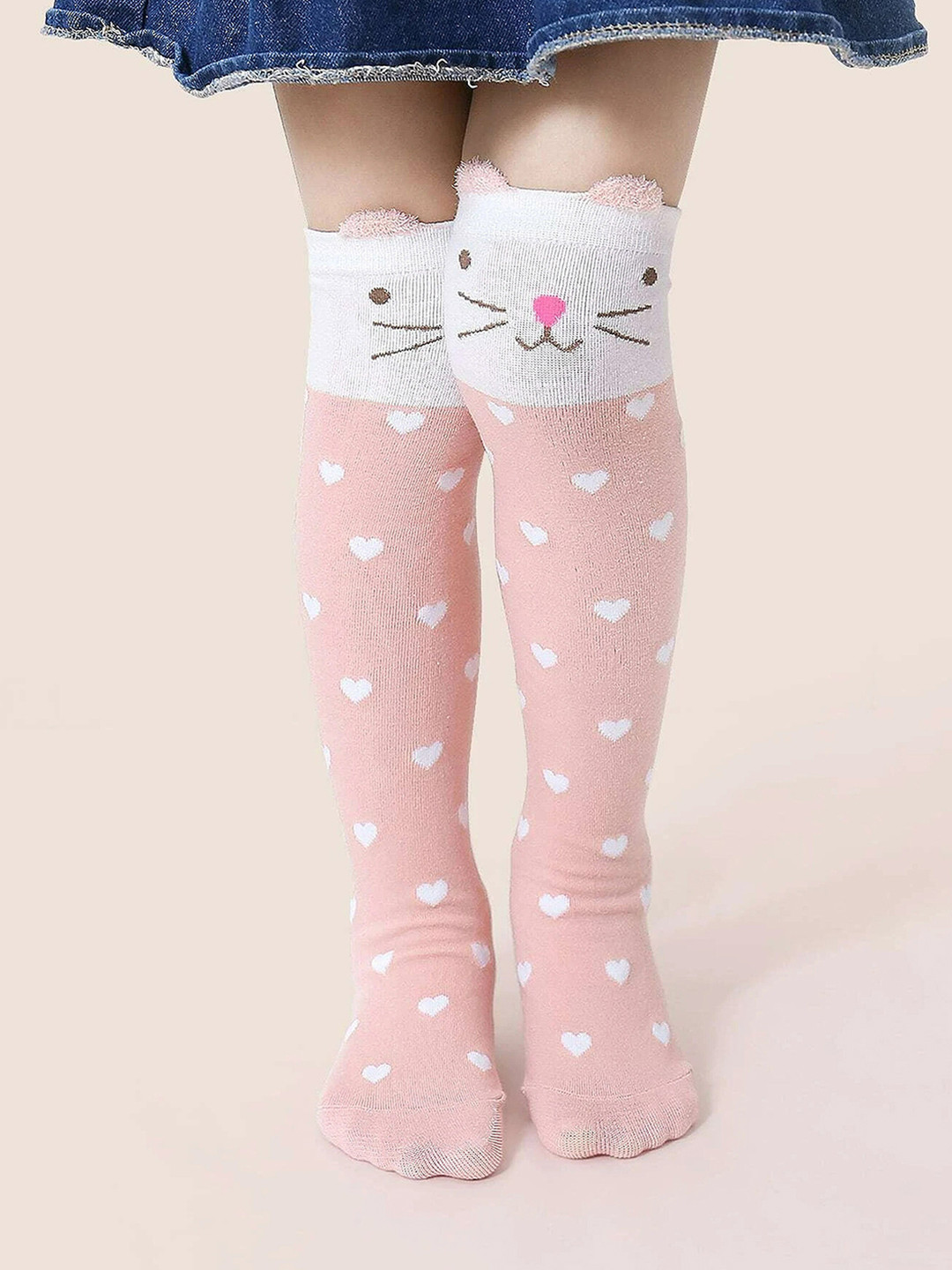 EL REGALO Girls Pink & White Patterned Cotton Above Knee-Length Socks