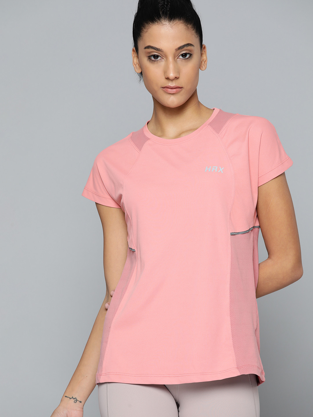 HRX by Hrithik Roshan Women Pink Brand Logo Print Extended Sleeves T-shirt