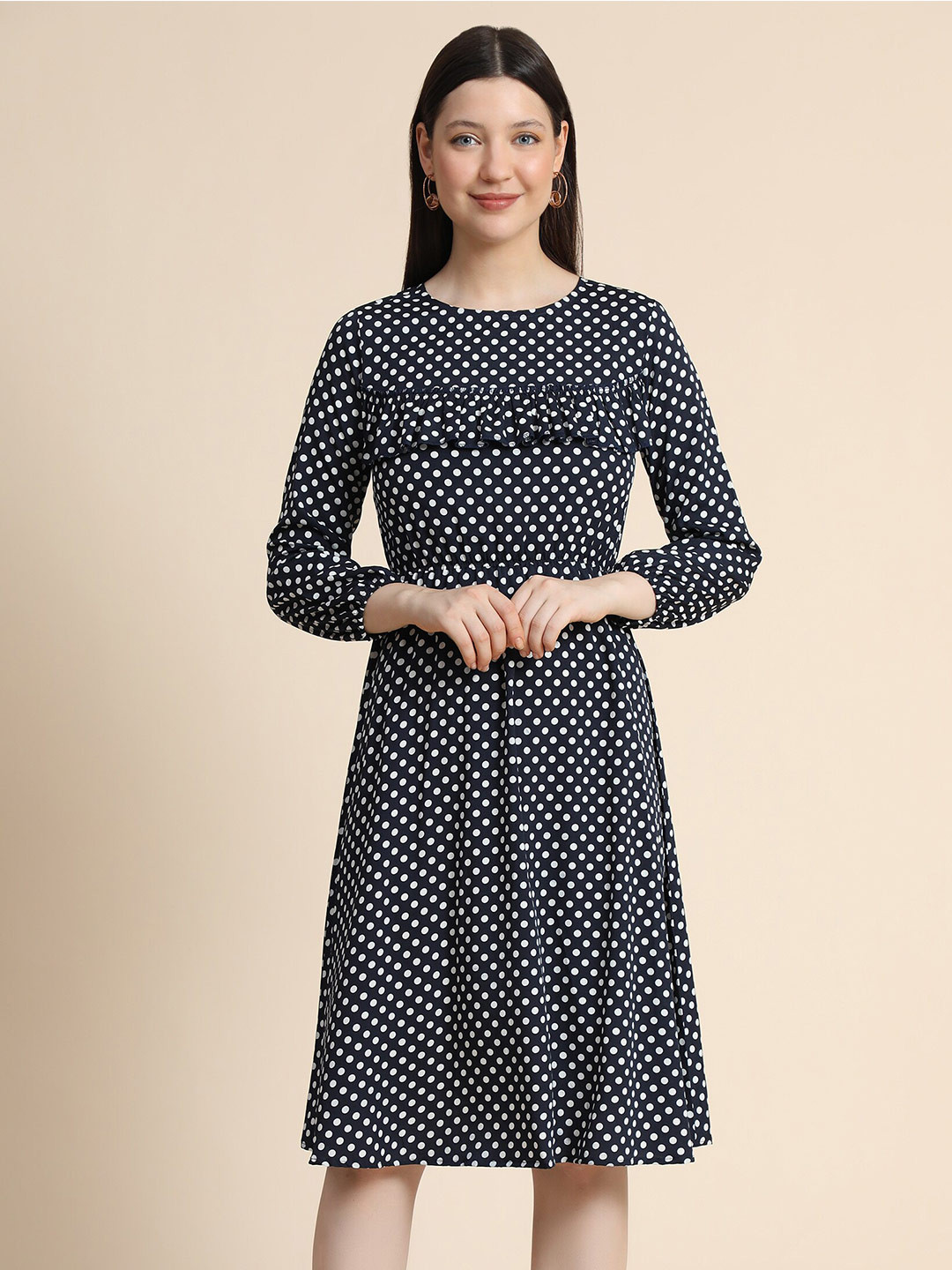 KERI PERRY Blue Round Neck Printed Polka Dots Flared Dress
