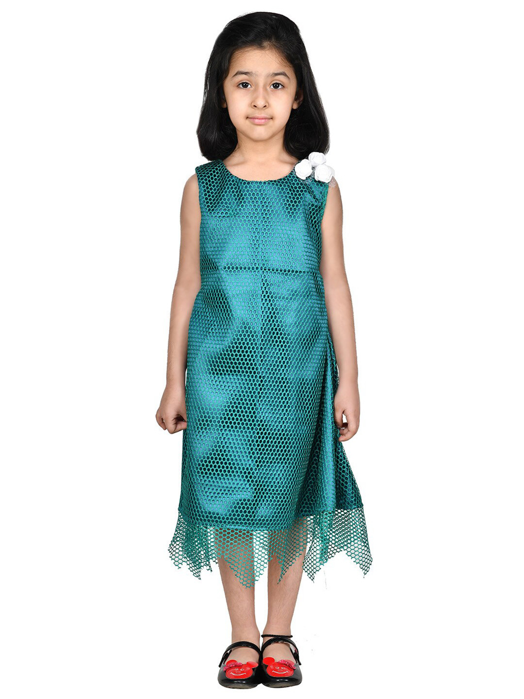 Samsara Couture Girls Teal Net A-Line Cotton Midi Dress
