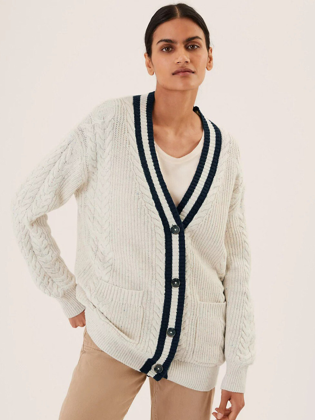 Marks & Spencer Women Cream-Coloured & Black Cardigan Sweater