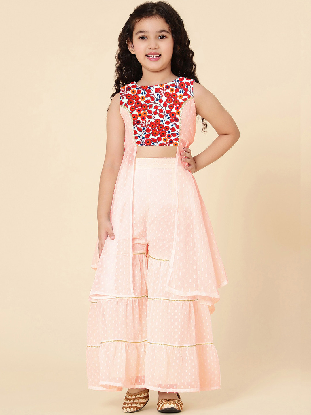 A T U N Girls Peach-Coloured Embroidered Panelled Kurta with Sharara
