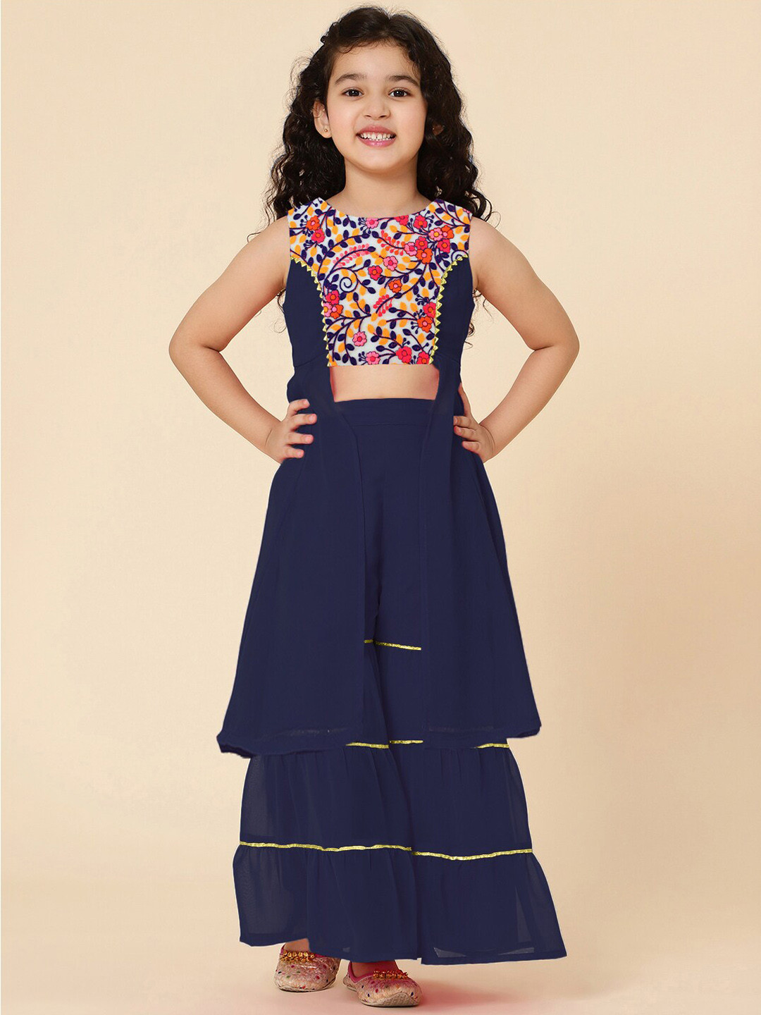 A T U N Girls Navy Blue Floral Embroidered Panelled Kurta with Sharara