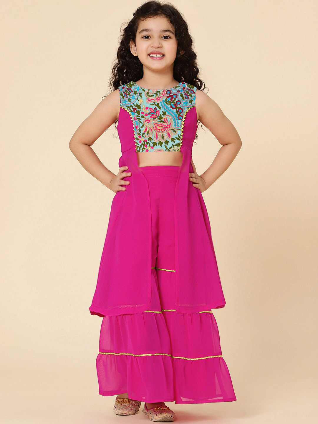 A T U N Girls Fuchsia Embroidered Panelled Gotta Patti Kurti with Sharara