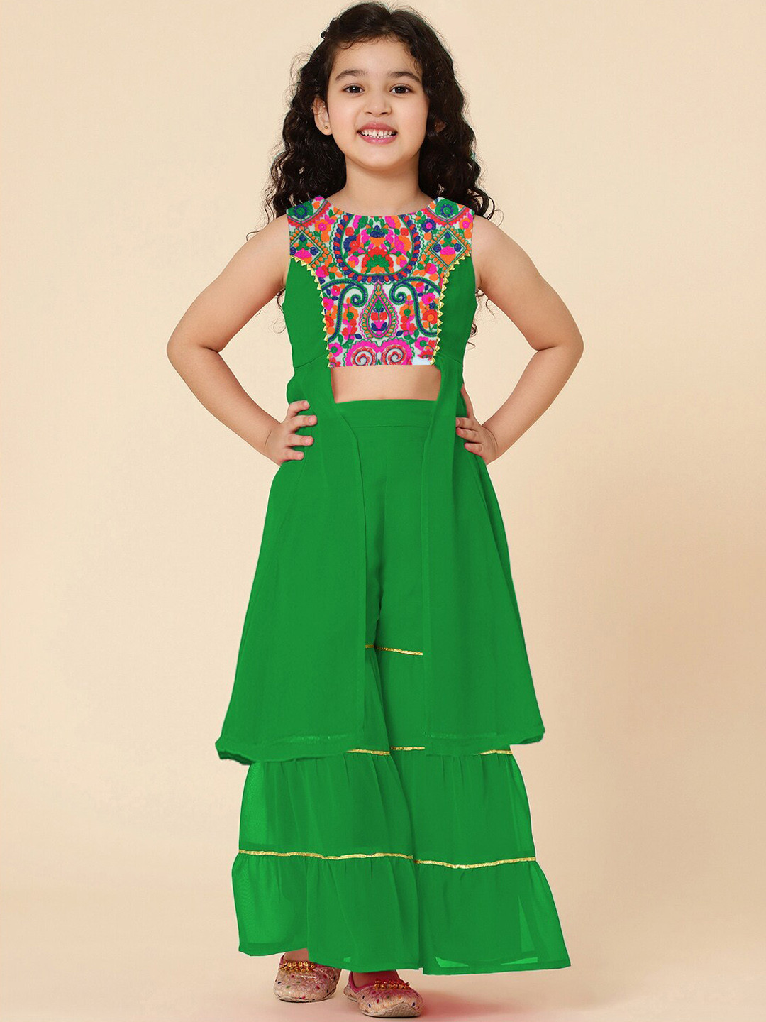 A T U N Girls Green Embroidered Kurta with Sharara