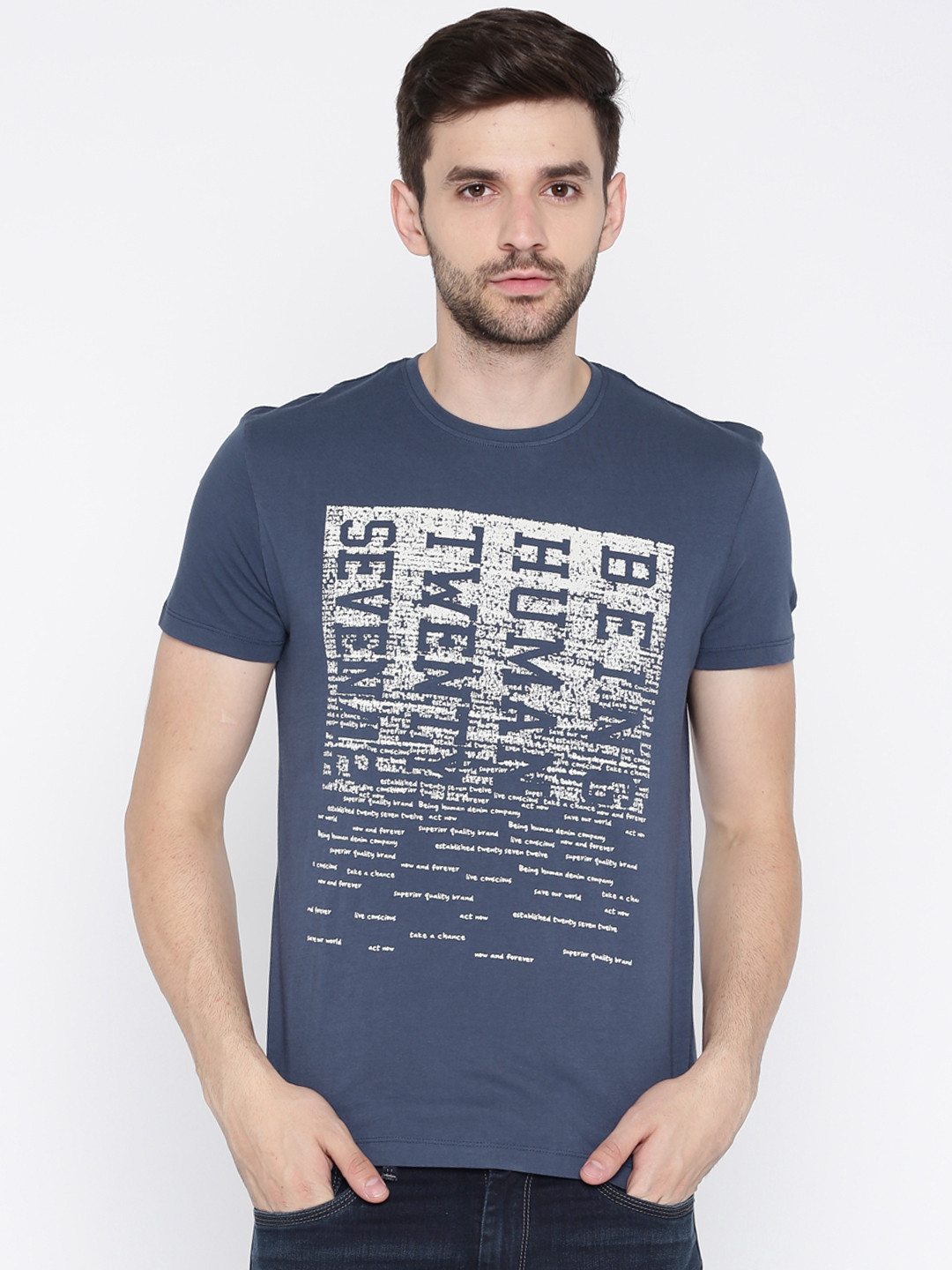 Human Men Blue Printed Round Neck 