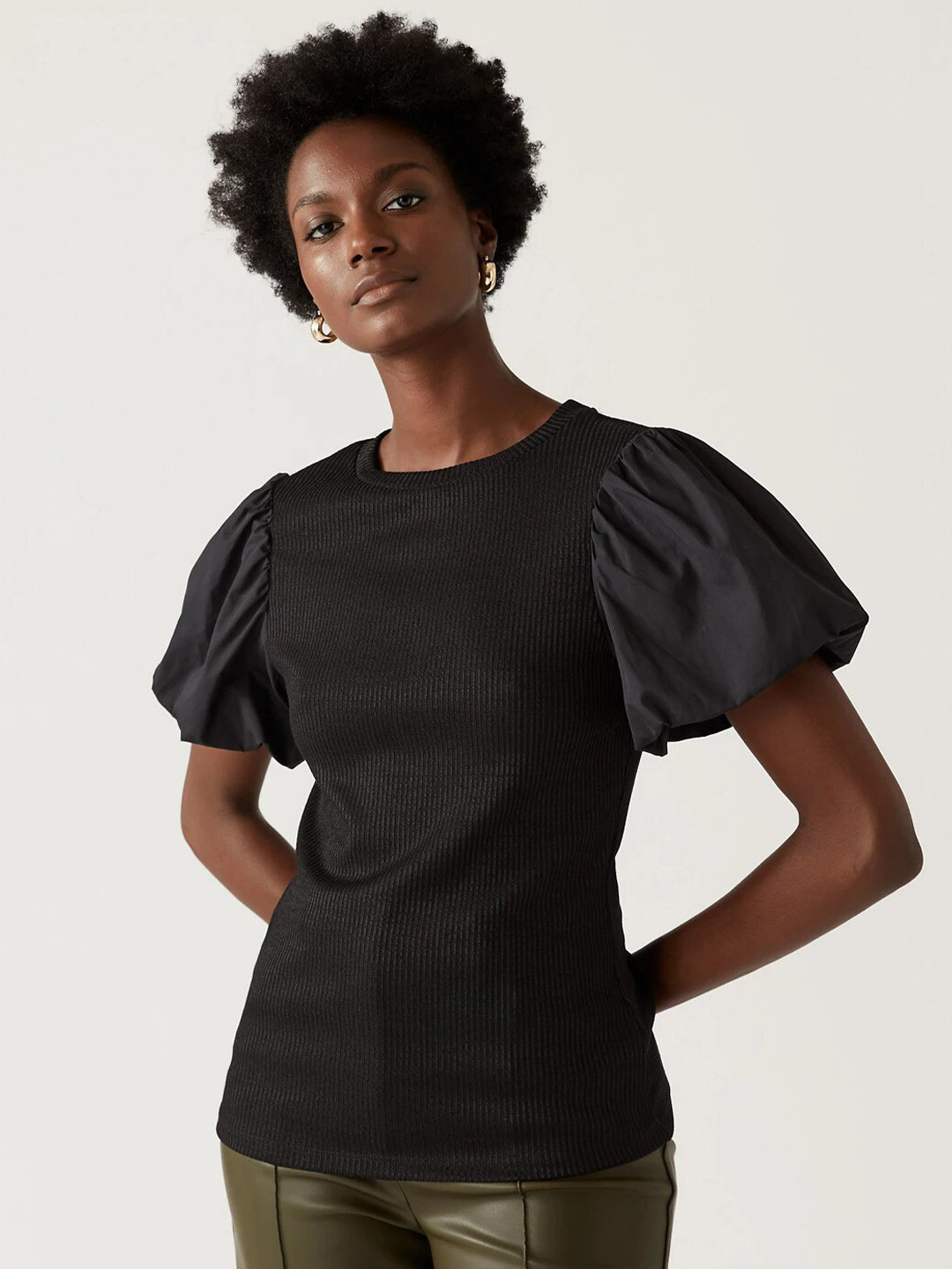 Marks & Spencer Women Black Puff Sleeves Top