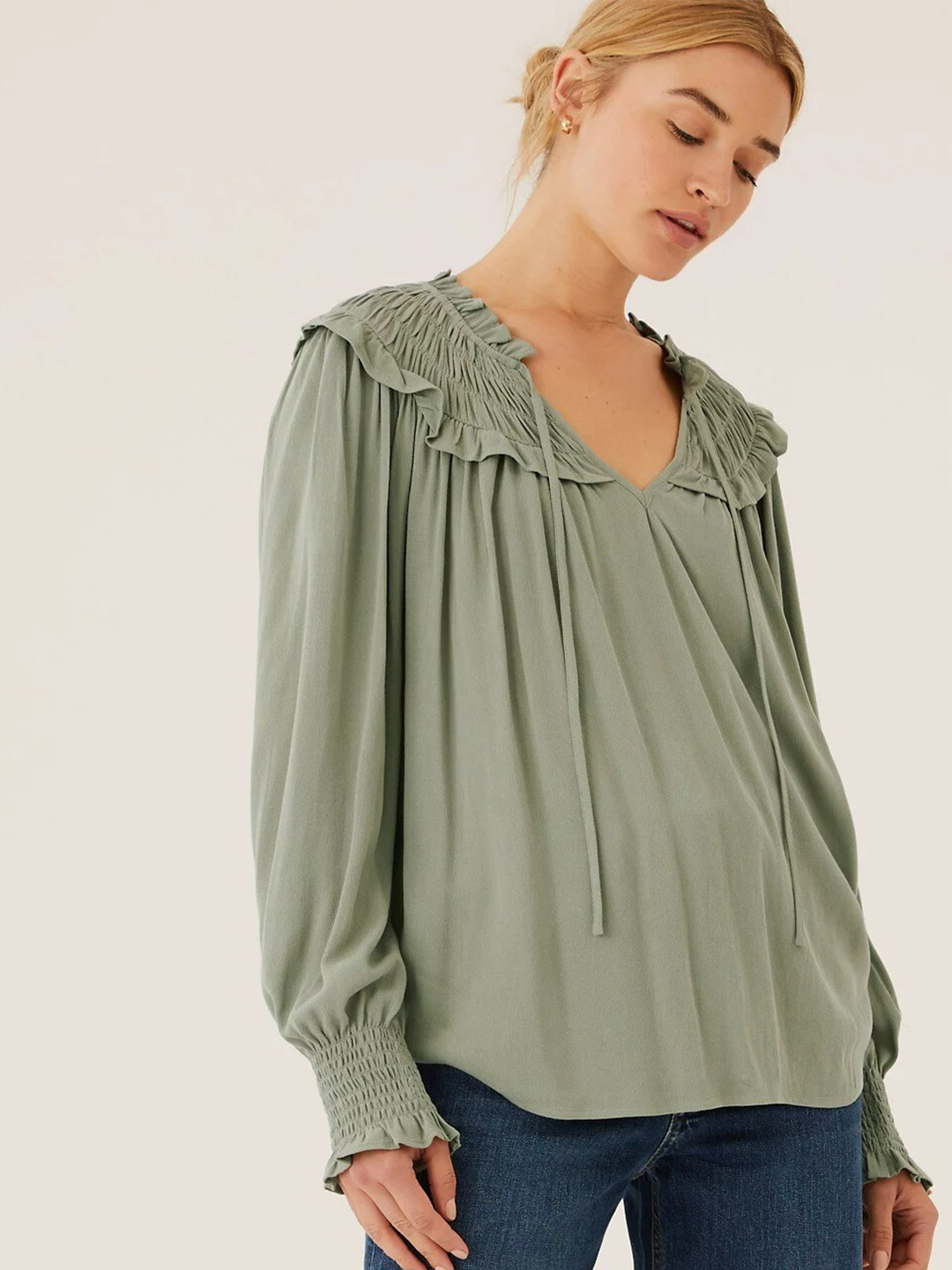 Marks & Spencer Women Khaki Smocked Tie Up Top