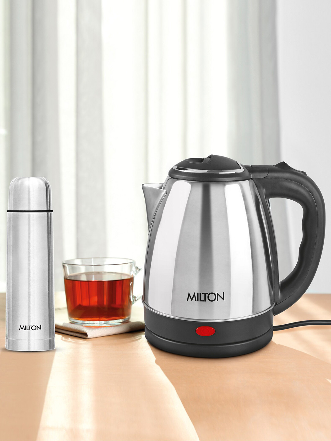 Milton Silver Set of 2 Go Electro Kettle 2 Ltrs & Flip Lid Thermos with Jacket 500 ml