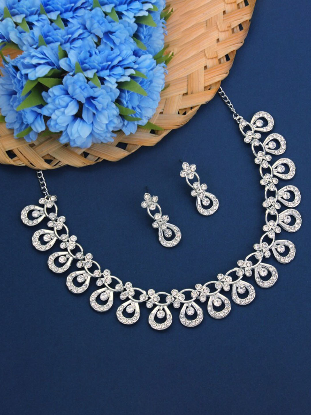 Atasi International Silver-Plated & White Crystal Studded Jewellery Set